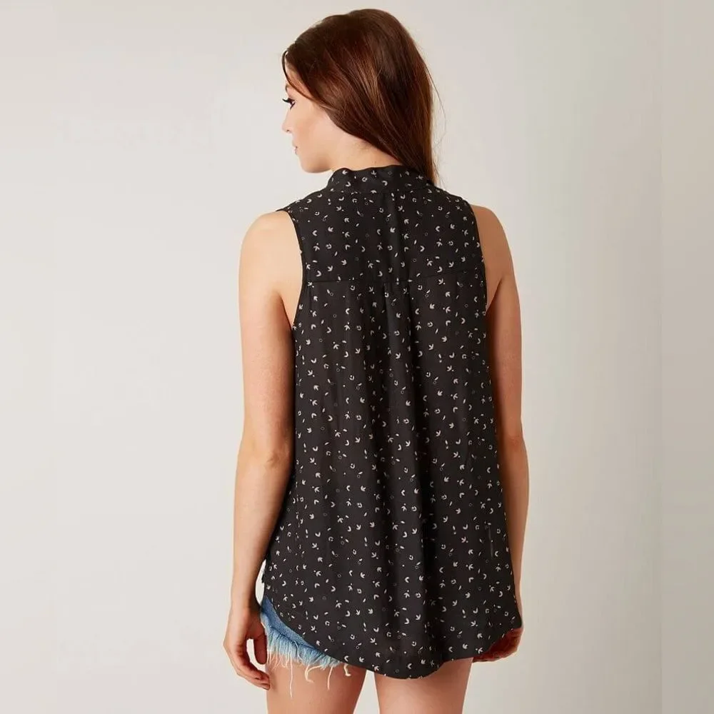 Free People High Low Hem Tank Top Black Sleeveless Printed Blouse Tie Womens L